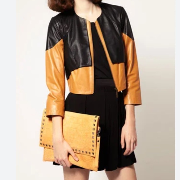 asos REAL Leather jacket Women's 12 camel brown black zip front crop coat EUC - Picture 16 of 16